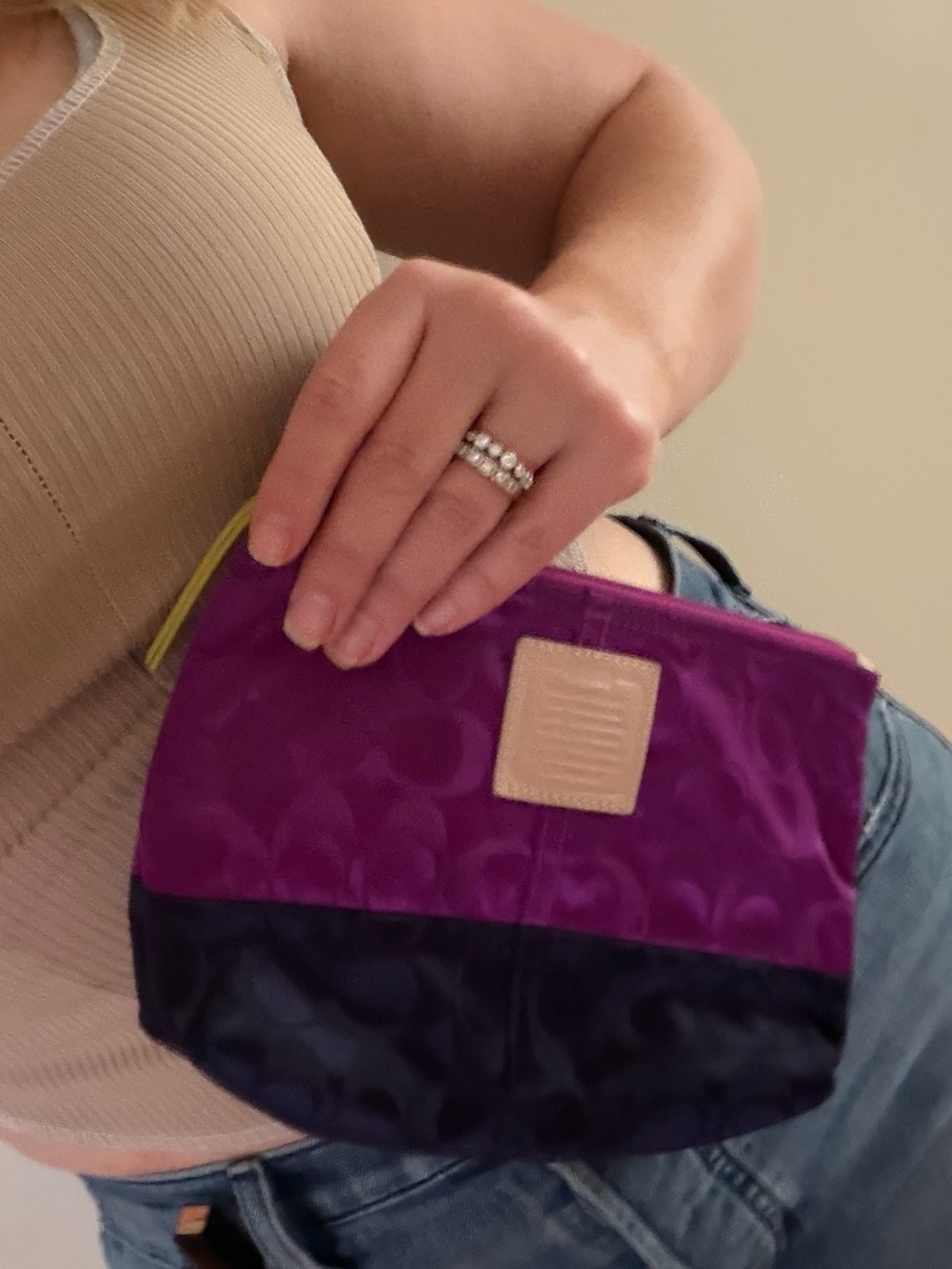 Coach Two-Tone Satin Logo Cosmetic Pouch in Purple, Navy & Neon Yellow - Picture 5 of 11